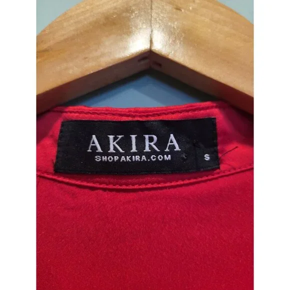 Akira Red Angelic Satin Flared Sleeve Button & Tie Crop Top Sz S V Neck Collared - Picture 6 of 8